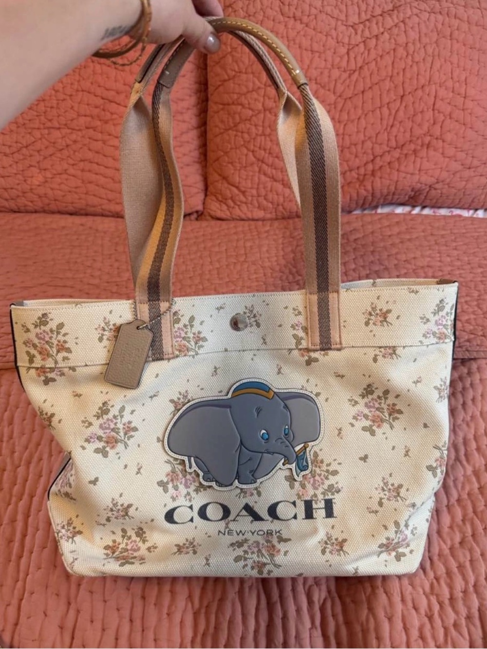 Coach x Disney Canvas Tote with Dumbo Illustration in Cream and Brown HTF
